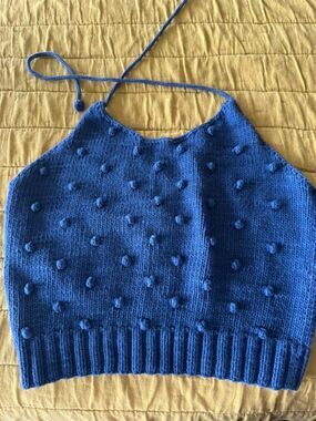 Misha and Puff Bobble Knit Halter Top Blue Popcorn Stitch XS